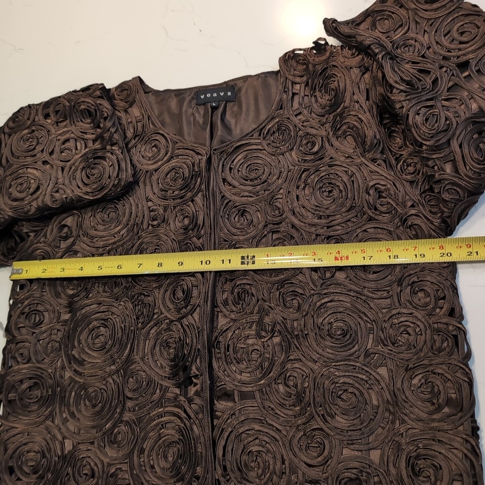 Chocolate Brown Rosette Ribbon Jacket Womens Large Open Front Cropped - Picture 8 of 13